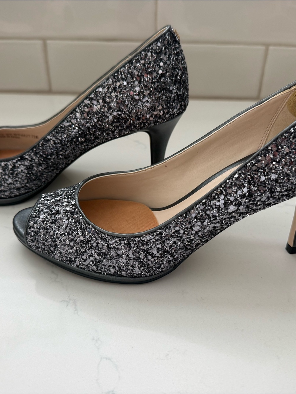 Cole Haan Women's Silver Glitter Peep-Toe Heels